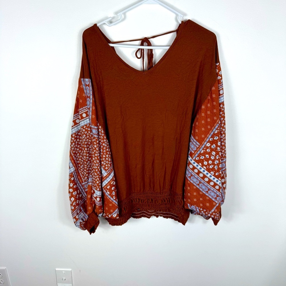Chicsoul Boho Flowy Blouse Top Womens 1X Rust Orange Fall Bohemian Bishop Sleeve